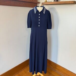 VTG Kathie Lee Navy Pleated Sailor Collar Maxi Dress Classic Modest Style Sz‎ 12